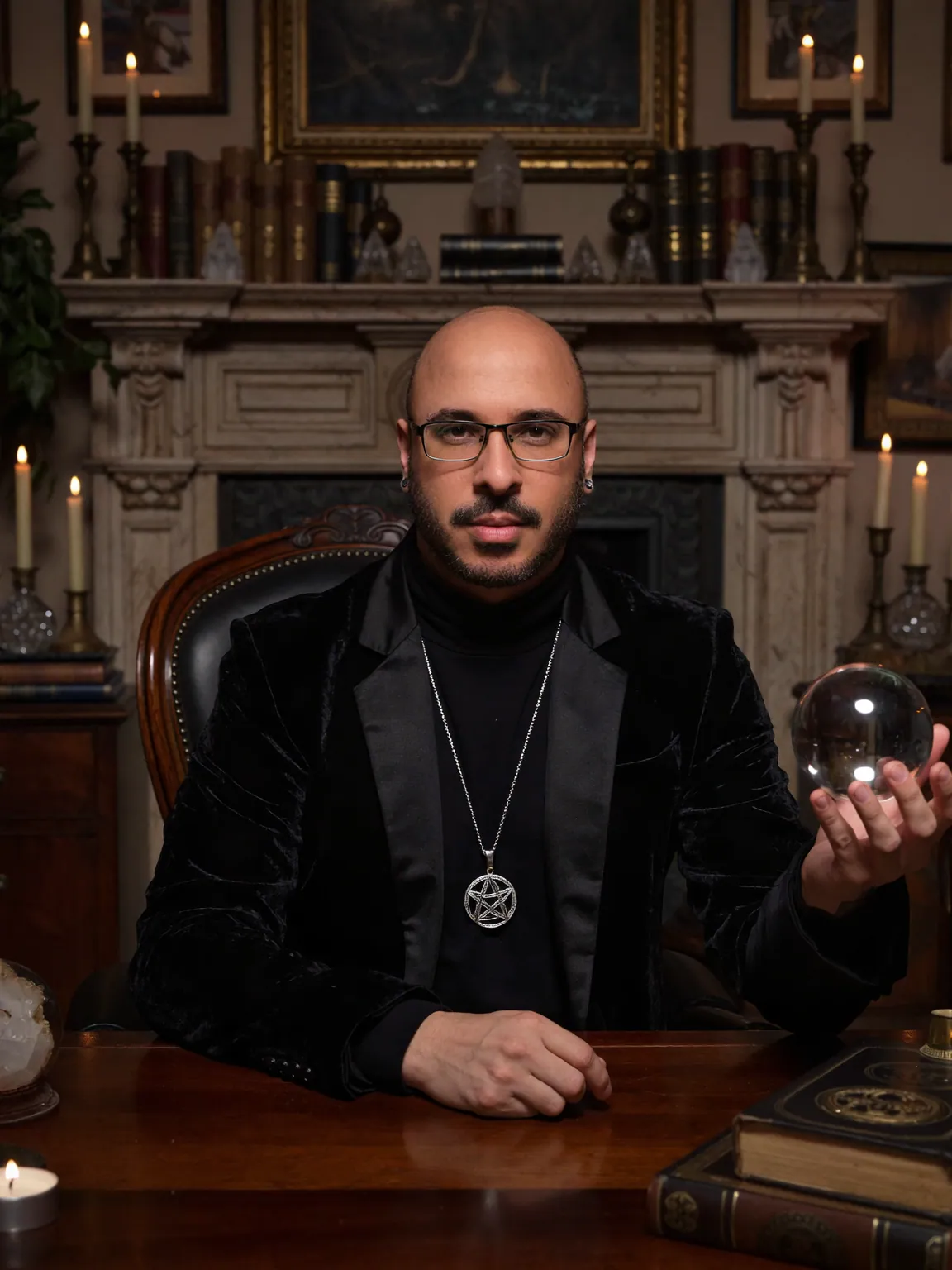 Claudiney Prieto à mesa segurando uma bola de cristal, diante de uma lareira com velas