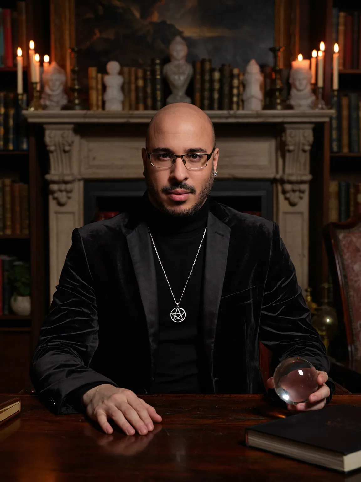 Claudiney Prieto com uma bola de cristal, diante de estantes de livros e estatuetas