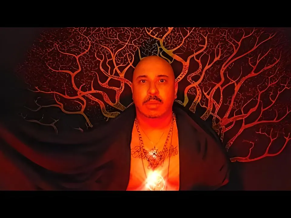 Claudiney Prieto entre galhos iluminados em vermelho
